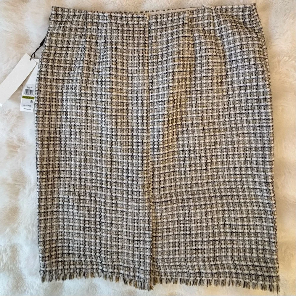 Calvin Klein Skirt Boucle Knit Zipper Fringe Pencil Black Cream Gold 14P NWT